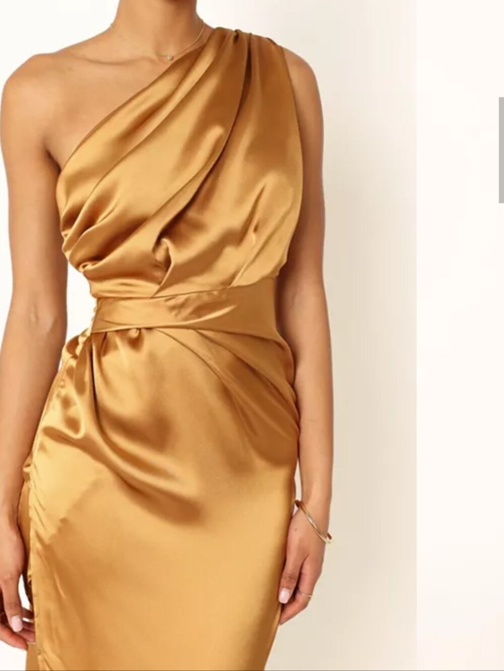 PETAL PUP GOLD NADIA SATIN One-Shoulder Gold Satin Evening Dress Maxi Queen - Picture 3 of 15